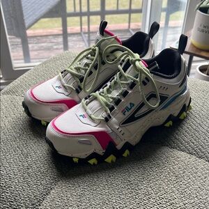 Fila White Sneakers with Pink and Green Accents